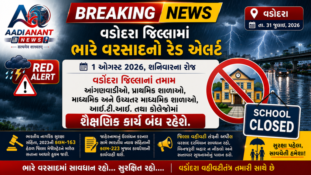 વડોદરા જિલ્લામાં ભારે વરસાદના રેડ એલર્ટને પગલે 1 ઓગસ્ટે તમામ શૈક્ષણિક સંસ્થાઓ બંધ